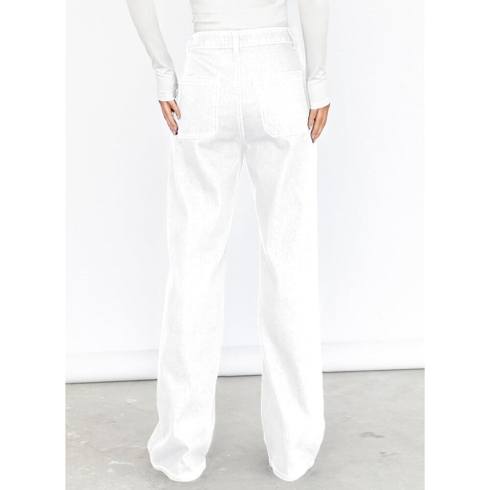 Women's White Casual Mid Waist Stretch Button Wide Leg Denim Cargo Pants - Picture 4 of 6